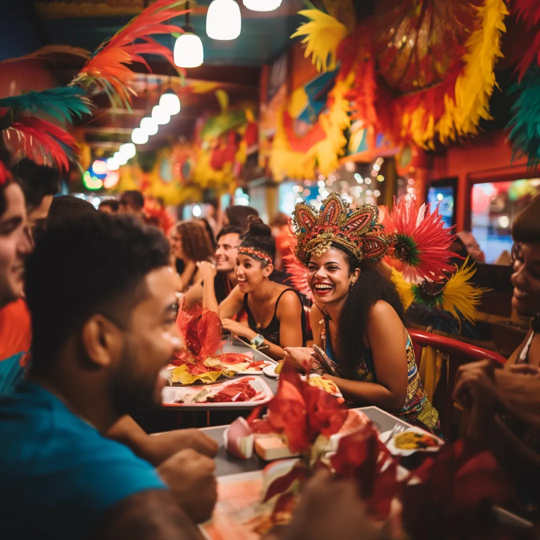 Pessoas fantasiadas sentadas à mesa em restaurante decorado com temática de carnaval